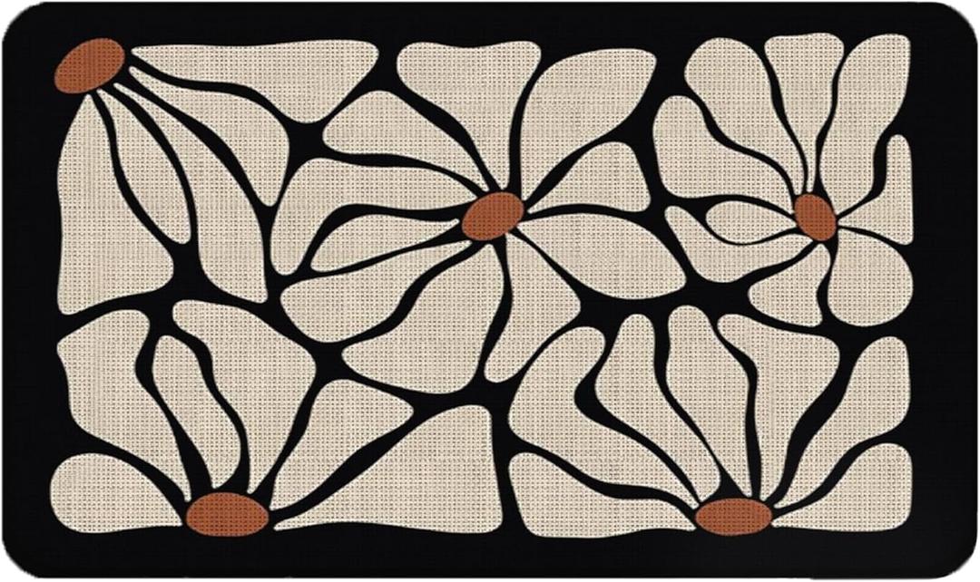 Boho Beige and Black Floral Door Mat - Bohemian Neutral Floral Front Door Welcome Mats Outdoor Entrance, 17x30 Rug