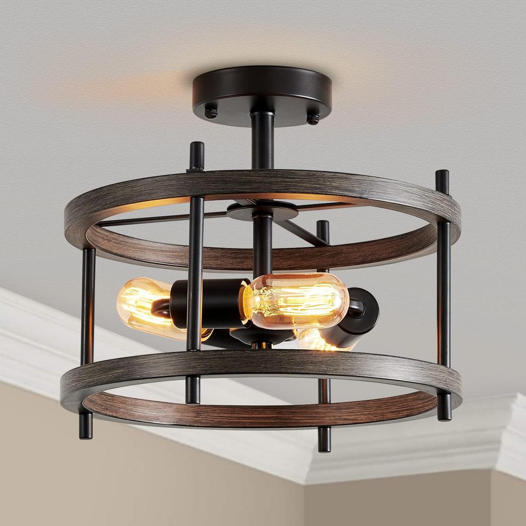 AGV LIGHTING Semi Flush Mount Ceiling Light Fixture, 3-Light Farmhouse Light Fixture Ceiling Mount Wooden Textures with Black