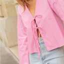 GORGLITTER Women's Plus Size Tie Front Tops Y2K Long Sleeve V Neck Going Out Coquette Blouses (Pink, XXL)