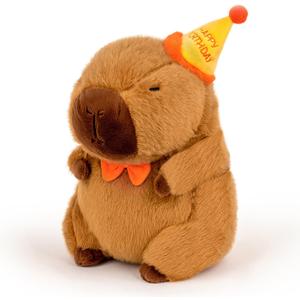 Capybara Plush with Happy Birthday Hat Bow Soft Capibara Stuffed Animal Plushies Toys Gifts for Valentines Birthday Party Decoration for Kids Brown 9 inch
