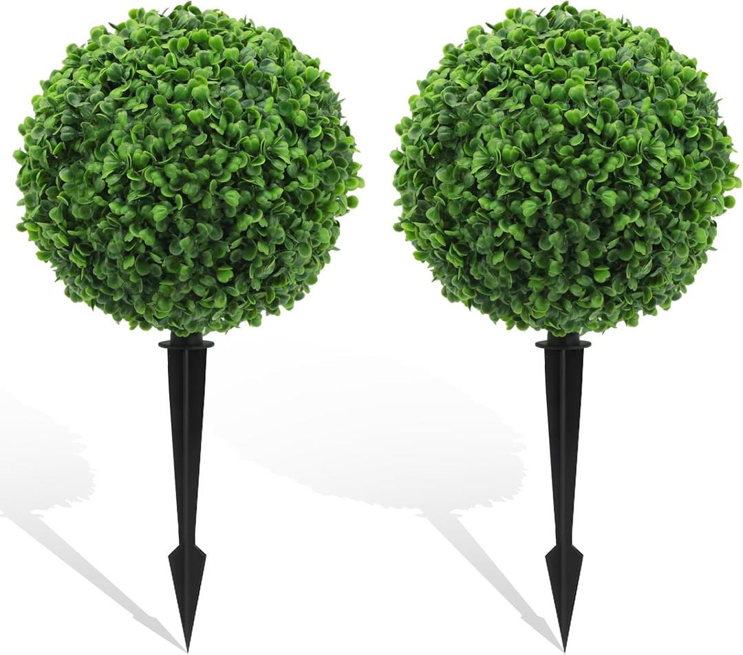 Set of 2 Artificial Topiary Boxwood Ball Trees 18'' Faux Cypress Plants with Ground Spike Evergreen Artificial Bushes for Front Porch Garden Balcony Front Door UV Protection Fade Resistant