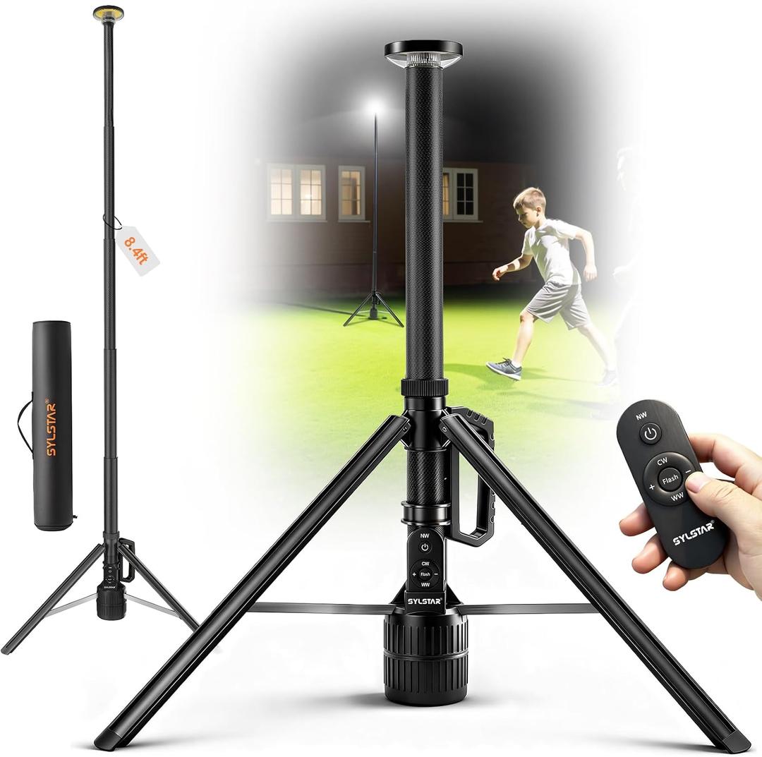 SYLSTAR 360 Rechargeable Work Light with Remote &Telescopic Stand (8.4Ft), 3000LM Ultra Bright, 8000mAh Battery, 3CCT Dimmable, Portable Camping Light for Jobsite Workshop Sports Emergencies(Black)