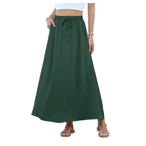 NILOUFO Women's Flowy High Waist A-Line Maxi Skirt - Summer Casual Lightweight Long Skirts with Pockets (Dark Green, X-Large) 
