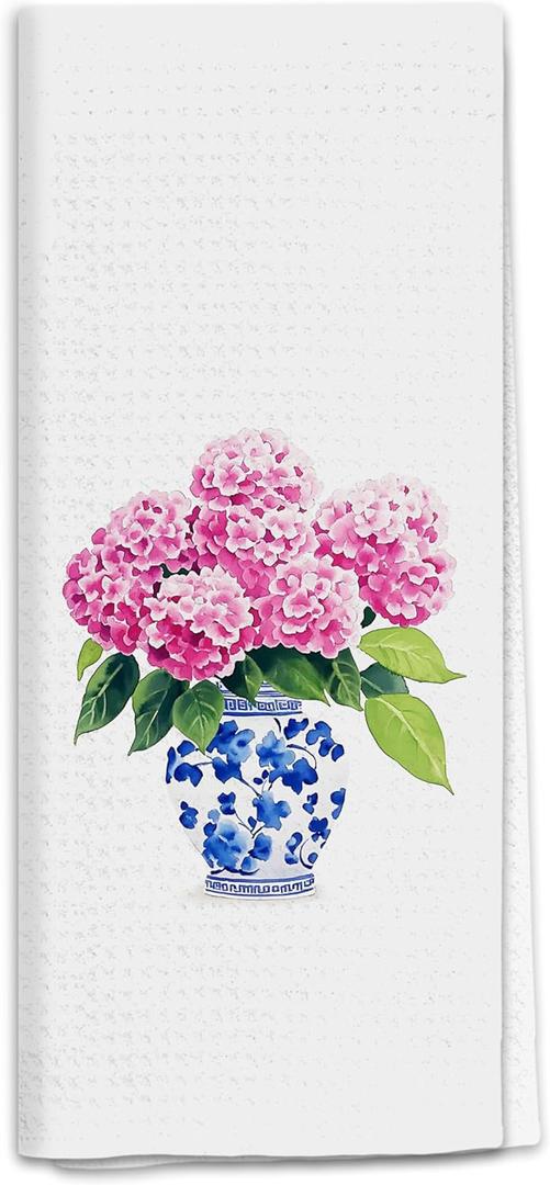 Chinoiserie Pink Hydrangea Kitchen Towels, Grand Millennial Hydrangea Dish Tea Towels for Kitchen Decor, Blue and White Chinoiserie Porcelain Floral Decorative Hand Towel for Bathroom, 16x24 Inch