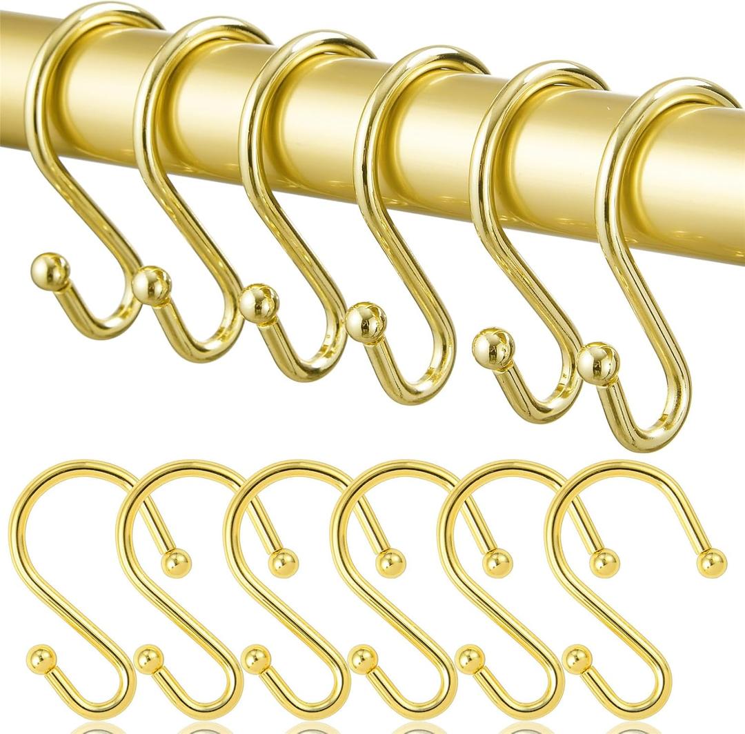 Shower Curtain Hooks, Metal Shower Hooks for Shower Curtain Rod, Rust Proof Metal Shower Curtain Rings, S Hook Set of 12, Golden.