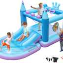 Outdoor Inflatable Water Park for Kids, PVC Water Slide Bounce House, Basketball Hoop, Ball Pit, Rings, Target Game, Jumping Castle with Blower, 133" L x 70" W x 65" H