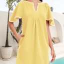 HOULENGS Women's Summer Flutter Short Sleeve A Line Mini Dress Casual Contrast Trim V Neck Short Dress with Pockets Yellow X-Large