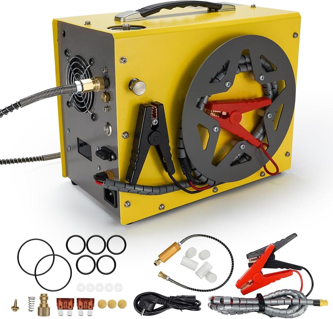 PCP Air Compressor, Auto-stop Powered by DC 12V Car or Home AC 110V/220V, 4500Psi/30Mpa/300Bar Oil/Water Free,Wire Spool Portable Design,PCP Compressor for Paintball, Scuba, Air Rifle