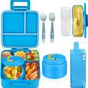 MAISON HUIS Bento Lunch Box with 8oz Soup Thermo, 5-Compartment Leak-Proof Container, Thermo Hot Food Jar and Insulated Lunch Bag, BPA Free,Travel, School (Blue)