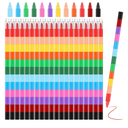Marspark 20 Pcs Stackable Crayons Stacking Buildable Crayons Colorful Stackable Pencils Party Favors DIY Rainbow Pencil for School Office Birthday Party, 12 Colors(Vivid Color,Flat)