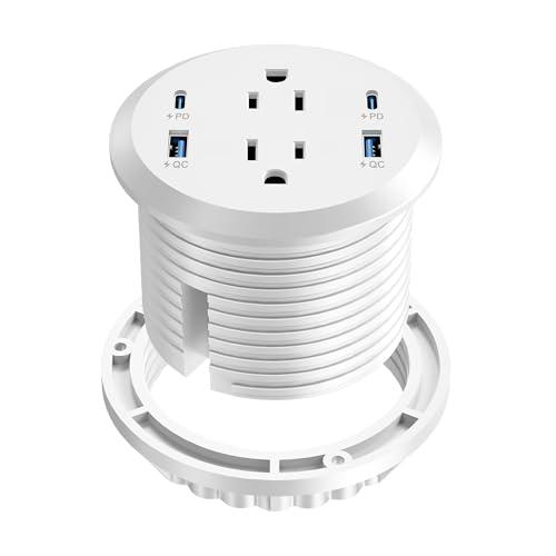Desktop Power Grommet, 65W USB C Fast Charging, Flush Mount Recessed Power Strip 3-Inch Hole, 2 Outlets, 4 USB Ports, Countertop Outlet (White)