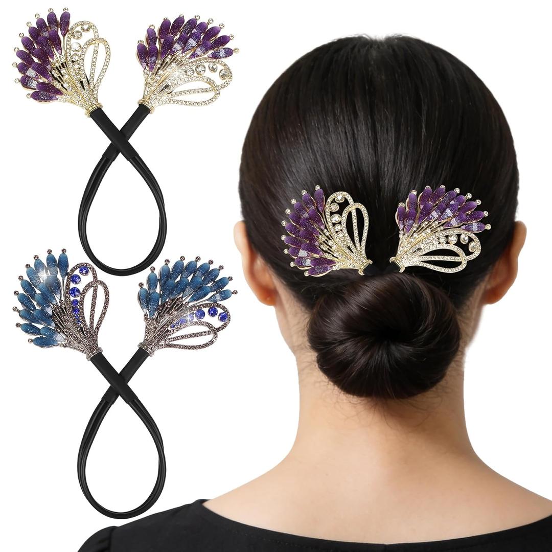 2 x She's hui 2 Pcs Magic Hair Bun Maker Set Crystal Hair Bun Maker Feather Lazy Hair Curler French Twist Hair Disk for Women and Girl Hair Accessories