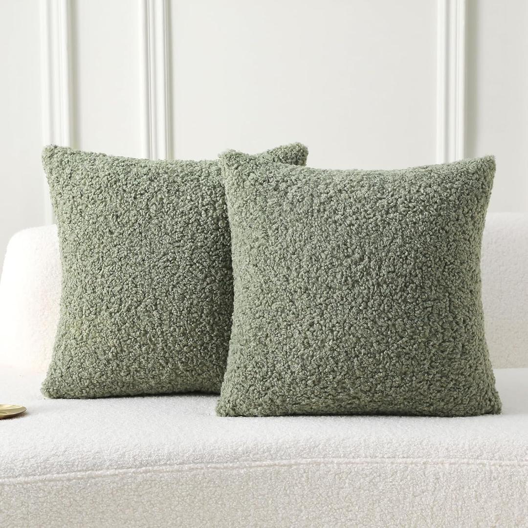 FUTEI Sage Green Throw Pillow Covers 24x24 Inch Set of 2,Furry Faux Fur Teddy Boucle Textured Cushion Covers,Soft Fluffy European Pillow Shams,Home Decor for Couch Bed Living Room Office Car
