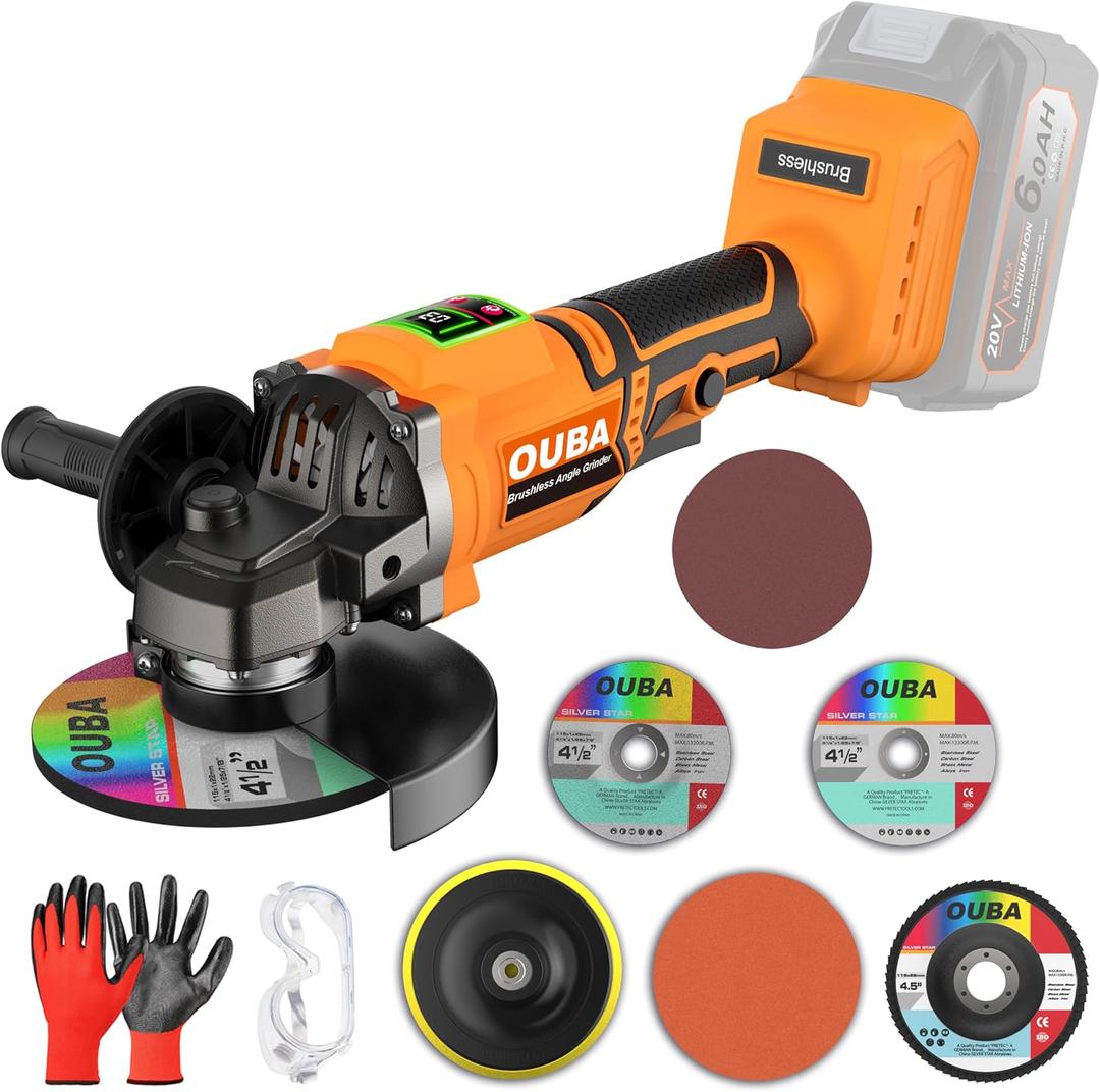 Cordless Angle Grinder Compatible for Dewalt 20V Max Battery, 3 Variable Speed, Brushless Motor with LED, Power Angle Grinder Tool Stand, Flap Disc Grinding, (No Battery), Light Orange