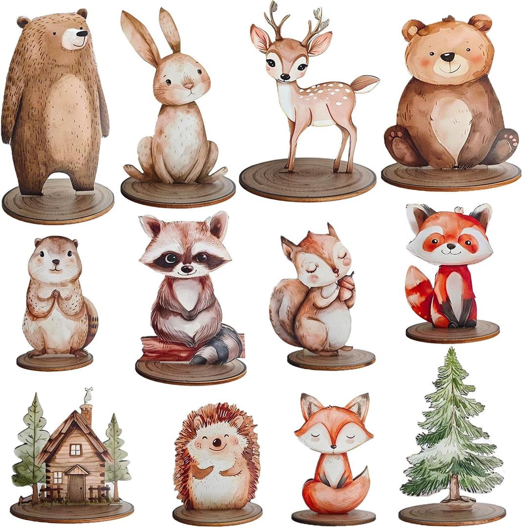 12Pcs Woodland Animal Figurines and Wooden Table Signs Enchanted Forest Decor Rustic Tiered Tray Centerpieces for Baby Shower Birthday Camp Party Supplies Cake and Tabletop Decoration (Forest Animal)