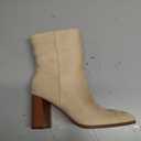 Coutgo Womens Ankle Boots Pointed Toe Chunky Stacked Heel Side Zipper Dress Fall Booties Shoes, Beige, Size 8