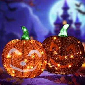 Halloween Decorations Outside Lighted Pumpkin - HOYECHI Outdoor Halloween Decor 2 Pumpkins 1.5FT, Light Up Pumpkin with 62 Led Lights, Ground Stakes, for Front Yard Porch Gardens Lawns Party
