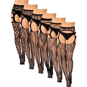 Skylety 6 Pairs Women Plus Size Fishnet Suspender Pantyhose Thigh High Stocking Garter Belt Lingerie Tights for Women L-XXXL
