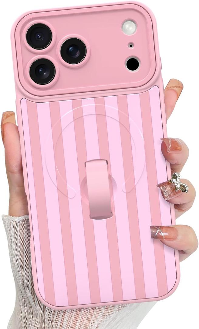 KANGHAR Compatible with iPhone 17 Pro Case, Support for MagSafe, Silicone Stripes Cute Pattern, Wristband Kickstand Camera Protection Soft Slim Cover for Girls Women -Pink