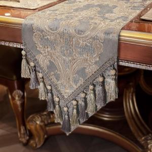 Loom and Mill Luxury Table Runner 72 Inches Long, Elegant Jacquard Dining Table Runners with Handmade Multi-Tassels for Dining Room Dresser Party Holiday Banquet Decoration(Gray, 13*72 inch)