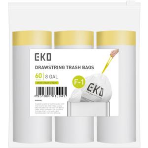 EKO 8 Gallon / 30.3 Liter, 60 Count Drawstring Trash Bags, Extra-Strong Unscented Garbage Bags, Easy-Dispense Roll for Kitchen & Household Use, Resists Tears, Leaks and Punctures, Code F-1, White
