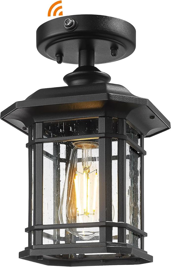 Emliviar Dusk to Dawn Industrial Semi Flush Mount Ceiling Light, 1-Light Outdoor Ceiling Light Fixture with Seeded Glass, Black Finish, 2084F-PC BK, 10.9 Inch