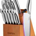 Knife Set, EWFEN 14-Piece Kitchen Knife Set with Block, German Stainless Steel Knives with Built-in Knife Sharpener, Anti-Slip Sharp Knives Set for Kitchen, Dishwasher Safe, Curved Handle