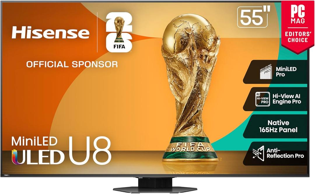 Hisense 55" Class U8 Mini-LED ULED 4K UHD Google Smart TV (55U8QG, 2025 Model) - QLED, Native 165Hz, VRR 288, Up to LD5600, 5000 Nits, HDR10+, Dolby Vision IQ  Atmos, IMAX Enhanced, 4.1.2 Ch Audio