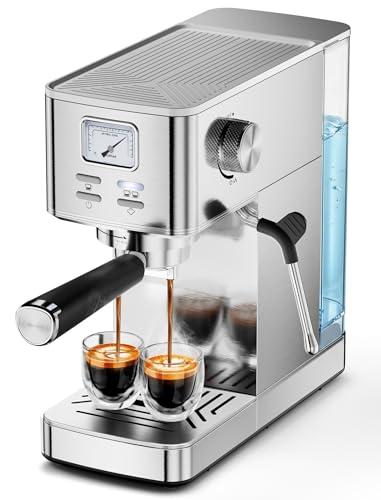 Espresso Machine 20 Bar, Compact Espresso Maker with Milk Frother, Visual Pressure Gauge, Commercial Coffee Machine with 47oz Removable Water Tank and Capsule Funnel, for Cappuccino, Latte
