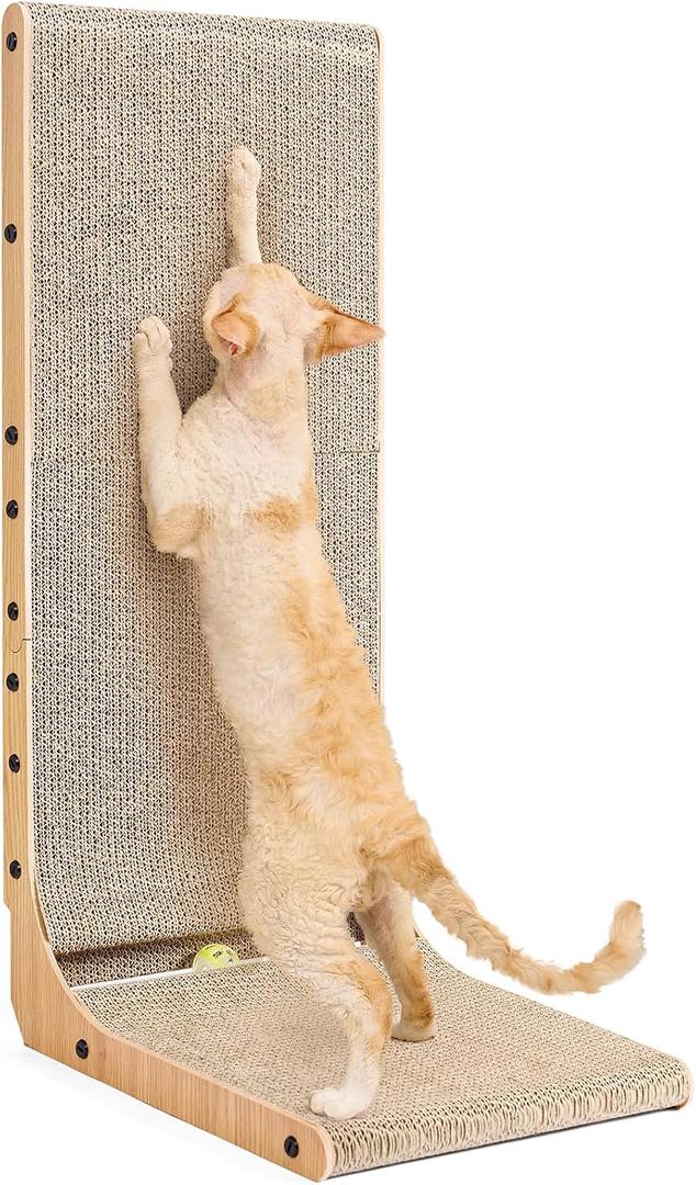 EHEYCIGA Cardboard Cat Scratcher for Indoor Cats, 32 Inch L Shaped Vertical Cat Scratching Board with Ball Cat Toy, Extra Large Cat Scratcher Pad, Brown