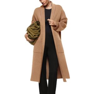 Womens Long Sleeve Maxi Cardigan Open Front Oversized Knitted Sweater Coat Casual Lapel Warm Overcoat with Pockets (Medium, Camel)