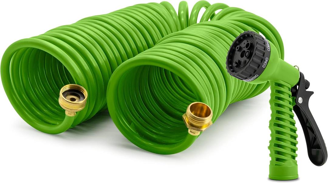 50 ft Coil Garden Hose with 7-Pattern Function Sprayer and Brass Connectors, Green