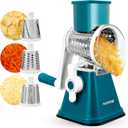 NutriChef 3 in 1 Cheese Grater & Shredder | Strong Suction Base, Rotary Handle with Safety Lock | Includes Hand Crank & 3 Drum Blades for 3 Textures, Fine, Medium & Strips | Green