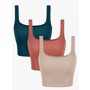 ODODOS 3-Pack Seamless Square Neck Tank for Women Ribbed Longline Crop Tops, Beige+Coral+Teal, X-Small