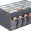 Shoe Organizer for Closet, Shoe Storage Solution with Clear Cover & Adjustable Dividers, Fabric Shoe Box Fits 16 +12 Pairs Shoes, Grey, 1-Pack