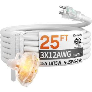 25 ft 12 Gauge Heavy Duty 3 Outlet Extension Cord Splitter with Indicator, Waterproof Outdoor Extension Cord with Multiple Outlets, 15A 1875W for Small Appliances, ETL Listed, White SJTW