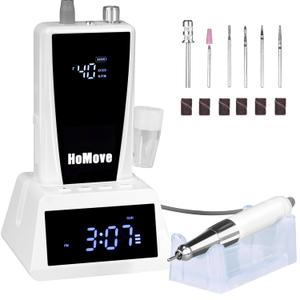 Nail Drill Professional, 40000RPM Rechargeable Electric Nail Drill with Corelss Motor, HoMove Cordless Nail Efile with Clock Power Dock for Acrylic Gel Nails Remove, Low Noise Low Vibration