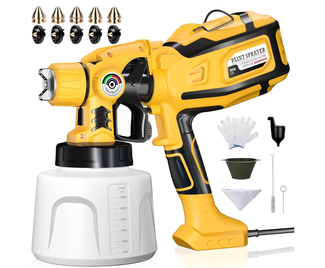 Paint Sprayer, Cosyjazz 1200W HVLP Spray Paint Gun with 5 Nozzles & 3 Spray Patterns, Adjustable Flow Control, 1400ml Container & Cleaning Tools, for House Painting, Fences, Cabinets, Walls etc.