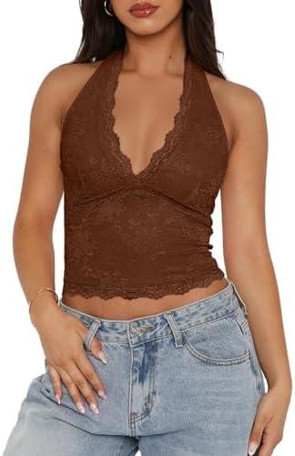 Women Sexy Cropped Halterneck Lace Top Sleeveless Backless V-Neck Lace Trim Crop Top Slim Fit Summer Tanks. Size S