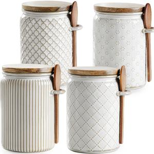 getstar Small Canisters Sets for the Kitchen, 20 oz Sugar Coffee Tea Storage Containers, Ceramic Kitchen Canisters for Countertop Set of 4 with Airtight Lids and Teaspoons