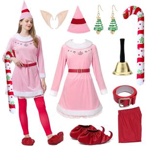 10 x 7 Pcs Women Christmas Elf Costume Set Santa's Helper Velvet Dress Xmas Outfit Elf Ears Hat Shoes Belt Socks Bell (Pink, XXL)