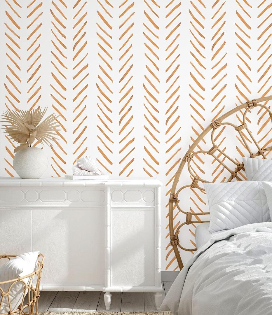 HAOKHOME Boho Peel and Stick Wallpaper Brush Strokes Stripes Removable Terracotta/White Chevron Vinyl Self Adhesive Mural 17.7in x 9.8ft