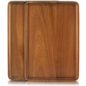 2 PCS 13 x 9 in Solid Acacia Wood Serving Trays Rectangular Wooden Serving Platters Natural Wooden Boards for Bar Coffee Party (Brown)