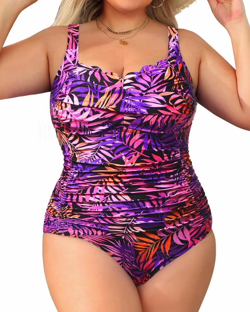 Aqua Eve Womens Plus Size One Piece Swimsuit- Tummy Control Bathing Suit Full Coverage Swimwear (Purple Pink Leaves) 20W