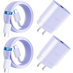 Fast Charging Cord Type C,25W Fast Charger Block Android Phone Charger & 8Ft USB C to USB C Charging Cable Cord for Samsung Galaxy S26/S25/S24/S24+/S24 Ultra/S23/S23+/S23Ultra/S22/S22Ultra/S21/S20 (Purple)