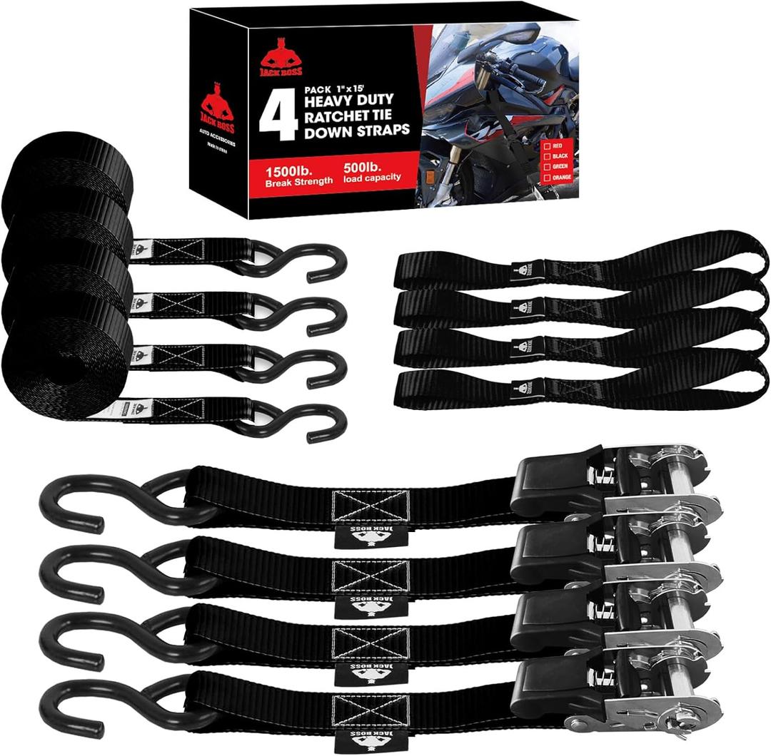 Ratchet Tie Down Straps Set,1500 lbs Break Strength, 1" x 15' Heavy Duty Ratchet Straps with 4X Soft Loops Padded Handles Coated S Hook, Fits for Moving Appliances Motorcycle ATV Truck,Black