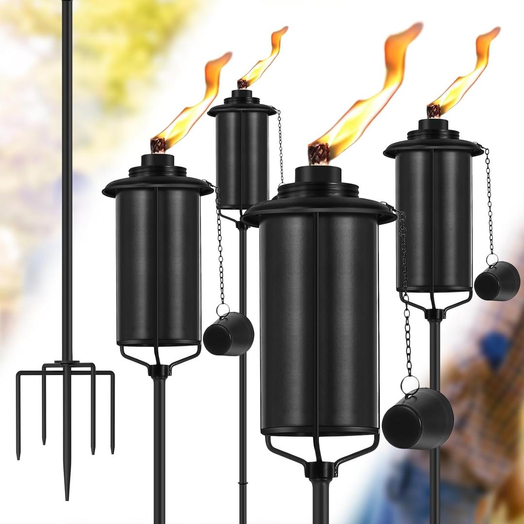 4-Pack Garden Metal Torches, 60" Upgraded Citronella Torches with 5-Prong Grounded Stakes, 16 oz Heavy-Duty Outdoor Torch Lights for Patio, Pathways, and Parties (Ultra-Stable Design)