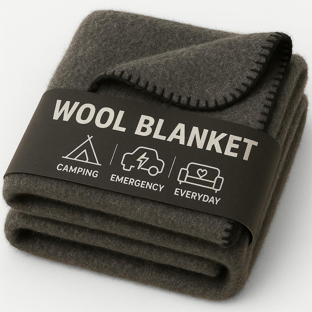 Wool Camping Blanket  70% Wool Heavy-Duty Military Style Throw, Warm & Washable, Fire Retardant Cover for Emergency, Survival & Outdoor Use  Perfect for Camping, Car, Home & Hiking, Grey 66x90