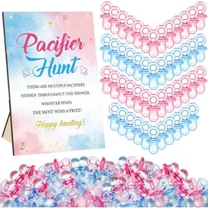 Thyle 51 Pcs Gender Reveal Pacifier Hunt Baby Shower Games Pink Blue Gender Reveal Game Decoration Include Hunt Sign and 50 Acrylic Pacifiers for Baby Shower Game Gift Set Boy or Girl Party Decoration
