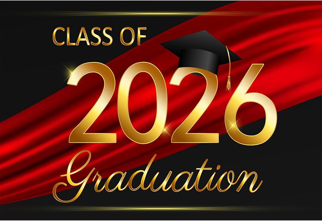 10x8ft Class of 2026 Graduation Backdrops for Photography Black Gold Red Streamer Bachelor Hat Photo Background Grad Congrats Party Banner Background Prom Party Supplies Decorations